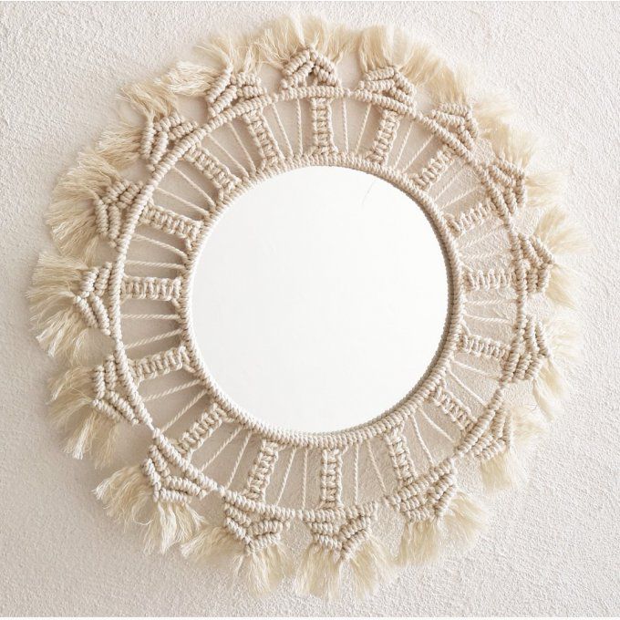 miroir rond en macramé écru