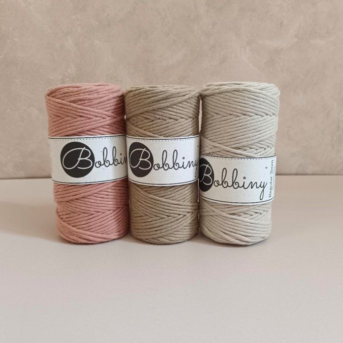 corde coton peigné bobbiny 3mm coloris rose, taupe ou beige (neuve)